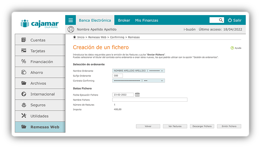 Paso 3 del proceso de generación de remesas de Confirming en Banca Electrónica